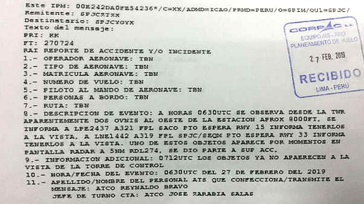 Reporte oficial de Corpac informa que dos OVNIs fueron vistos cerca del aeropuerto Jorge Chávez el 27 de febrero